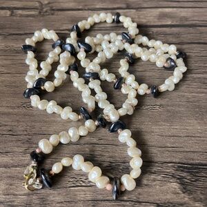 Vintage long ivory faux pearl, black and gold tone beads baroque opera necklace